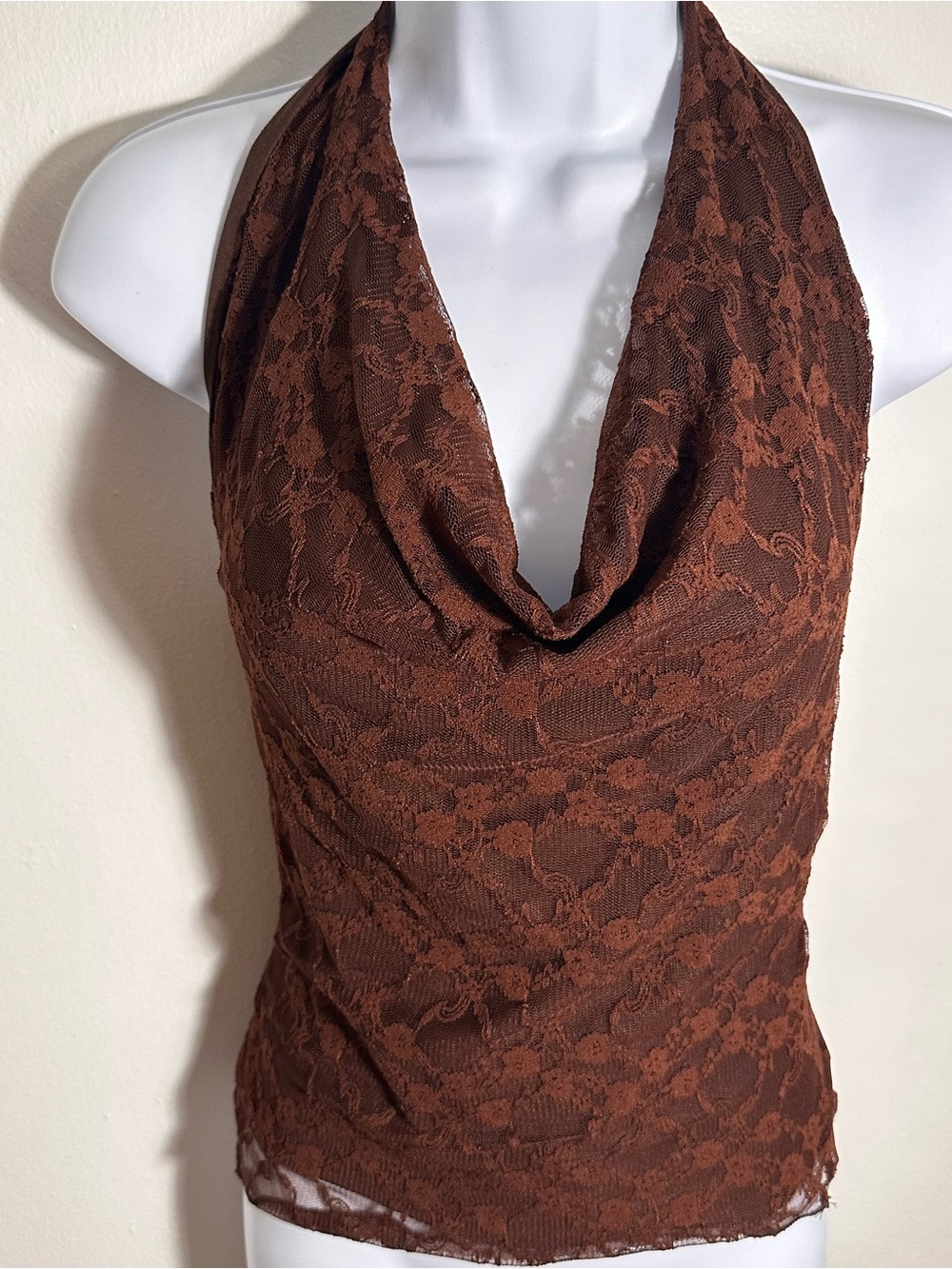Brown Lace Halter Cowl Neck Dress